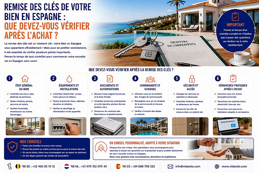 Remise des clés en Espagne : les vérifications à prévoir après l'achat immobilier in Vidando Estates